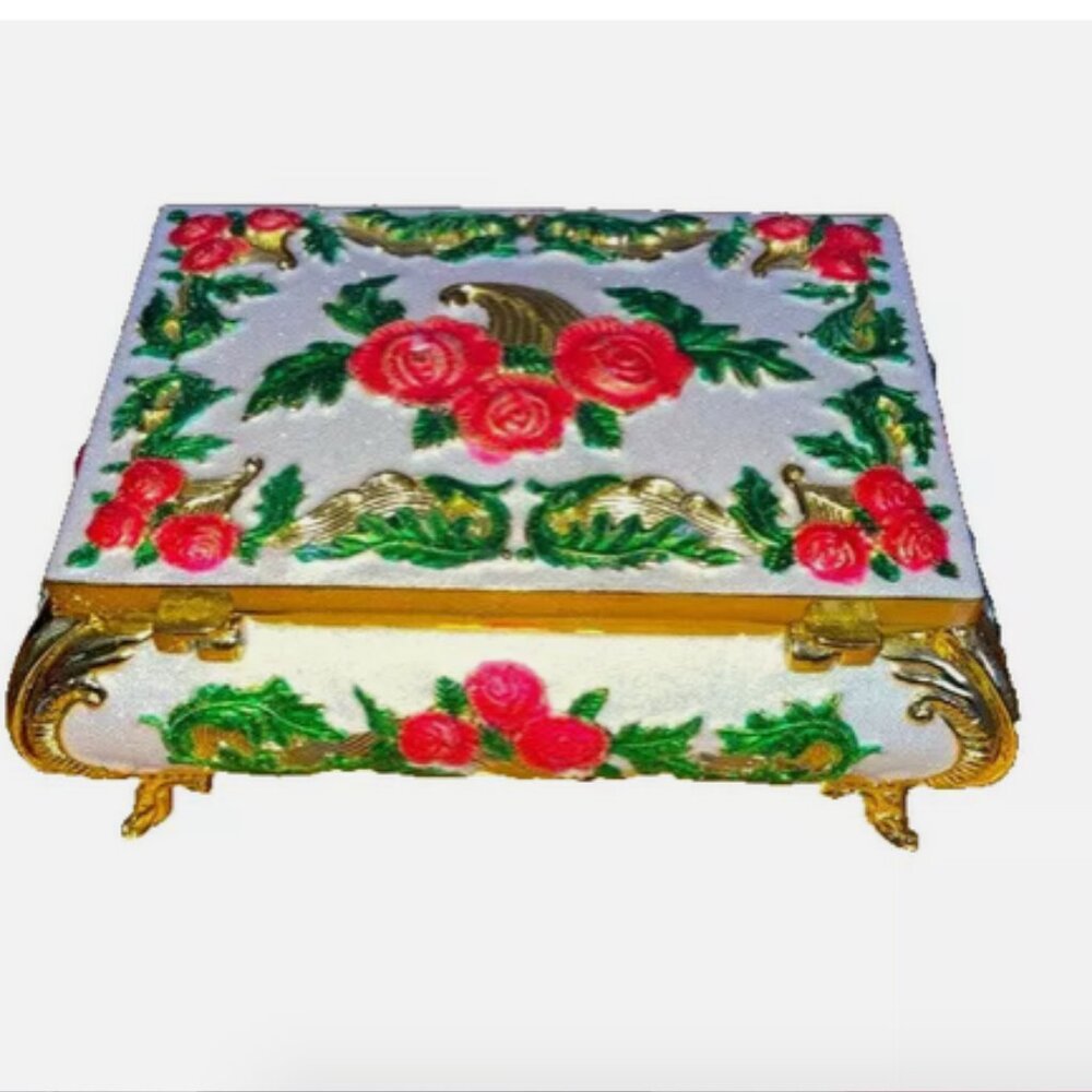 Jewelry Box Egypt Gold Metal Pink roses/24 Ct Gold Paint